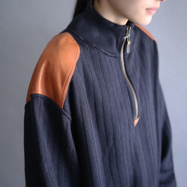 shoulder and elbow leather patchwork design half-zip pullover