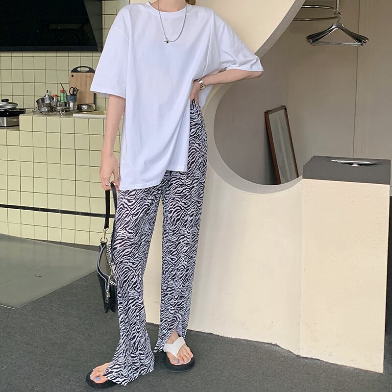 パターンパンツ サマー薄手スリットウェストルーズワイドレッグ 夏物 ワイドパンツ シルク ブラックストロベリース60587263675