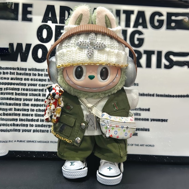 上品なグリーンカラー！ワークウェア風 高級セット♡新作 labubu ラブブ ワークウェア カーゴ コスチューム 8点セット フル装備 ミリタリーグリーン 15cm17cm クール おしゃれ