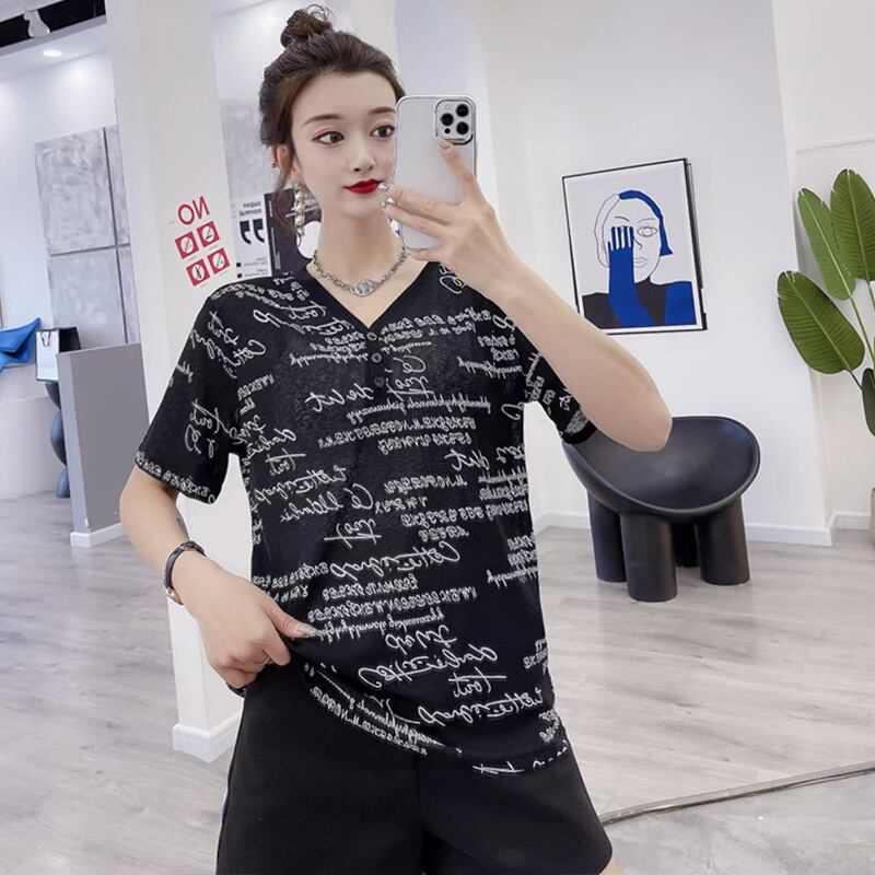 カジュアルルーズシャツ サマーVネックTシャツ 大きめサイズ 夏物 ミックスインファッション60160923458