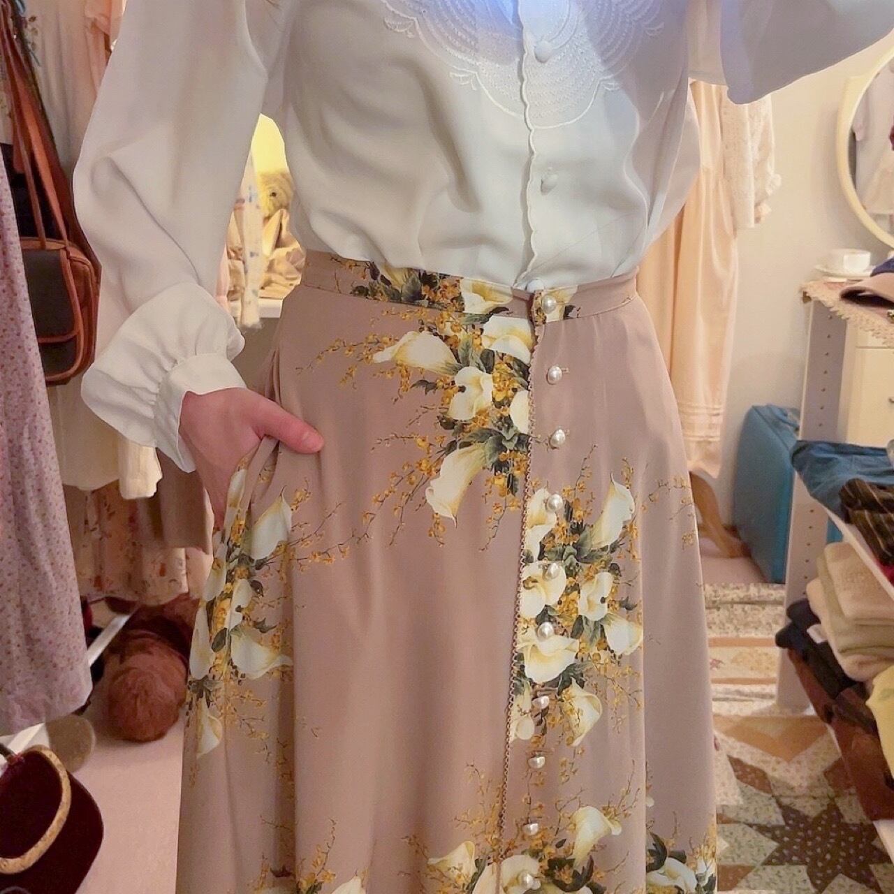 INGEBORG / flower pearl button flare skirt