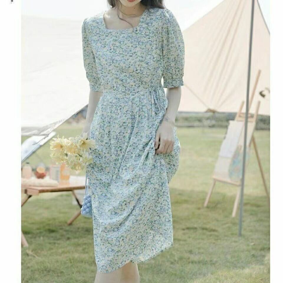 【新作】【送料無料】 夏の新 2022 ウエストネクタイスクエアネックパフスリーブ半袖小さな新鮮な初恋の花ドレス女性のための 0213635219174
