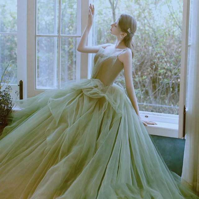 ロングドレス キャバドレス パーティードレス グリーン ドレープ チュール キャミソール ビジュー付き バースデー パーティー JC2-JZ816