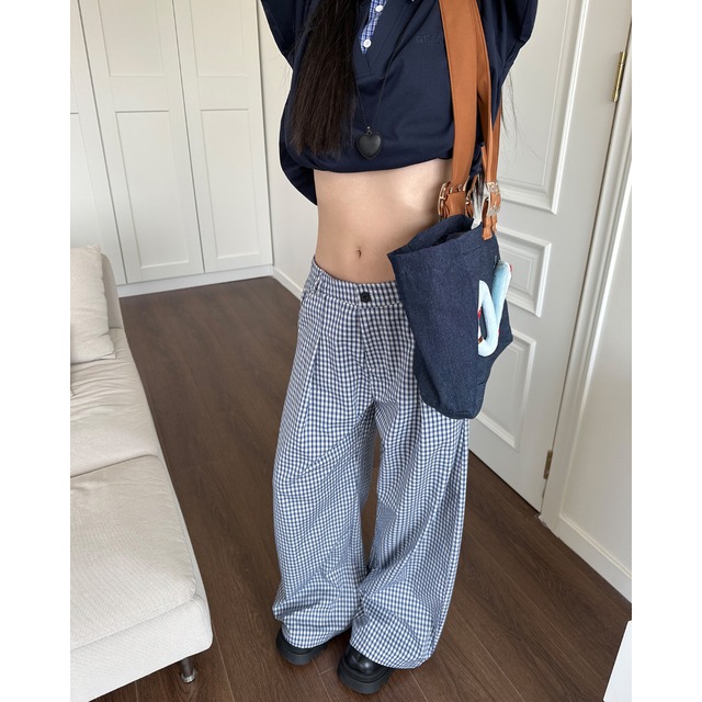 blue gingham check tuck pants　ブルーギンガムチェックタックパンツ　J0887