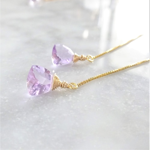 送料無料14kgf*宝石質 Pink Amethyst Triangl american pierced earring