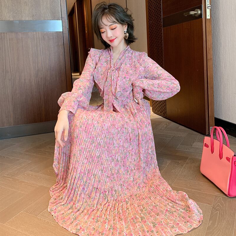 プリント柄リボンハイウェストウェストプリーツドレス スプリング 春物 MIUCO40474981491