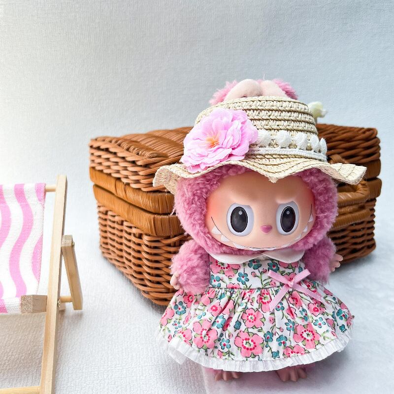 花飾り付き ストローハット Labubu 123代用 手編み 麦わら帽子 ぬい服