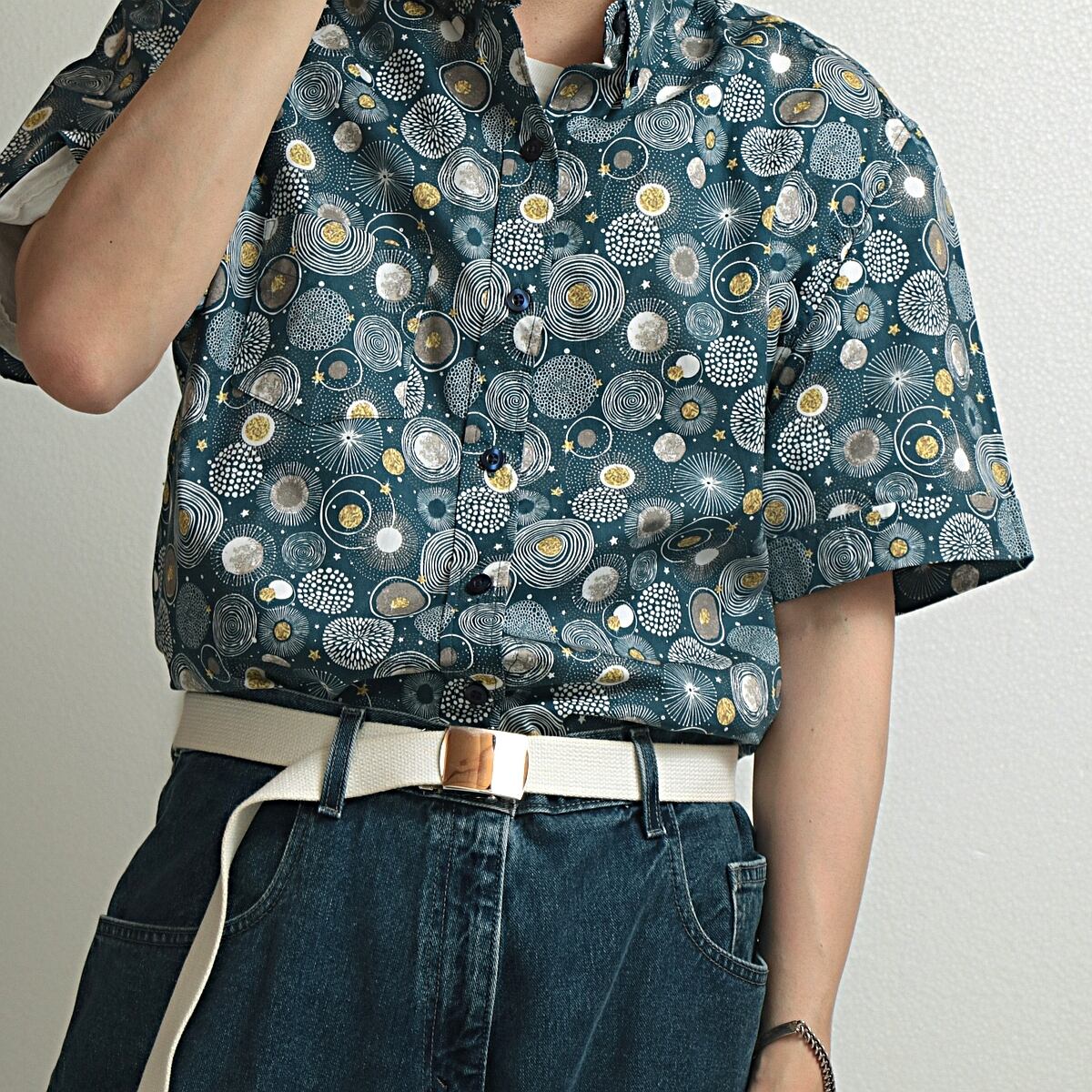 KENNINGTON ケニントン 幾何学 柄 3点留め 半袖 コットン ボタンダウン シャツ used