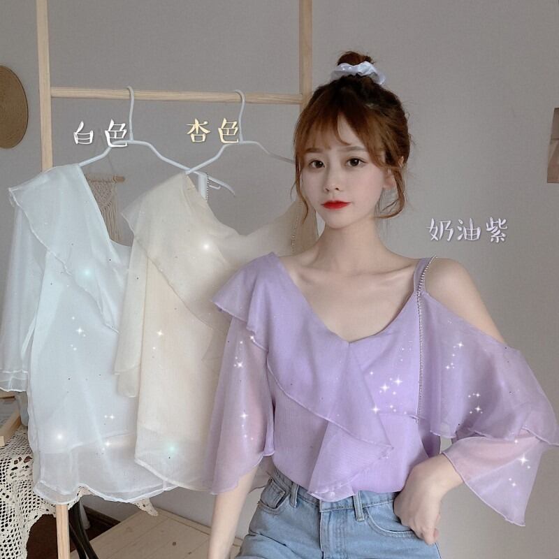 夏の女性の2020年の新しい甘いフリルオフショルダーVネックフェアリーチーオールマッチホーン半袖シフォンシャツ 1号婦人30507327736