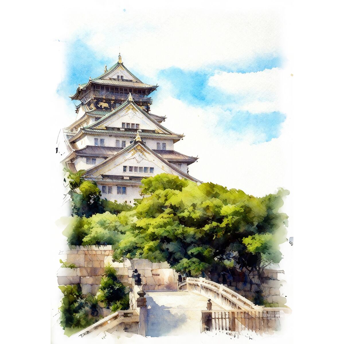 絵画 風景画 日本の城 大阪府大阪城 インテリアアート額付き 水彩画・油絵風 WAT0788