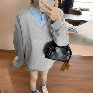 シャツ襟切り替え スウェット トップス レディース 春秋 韓国 レイヤード風 きれいめ 大人 カジュアル おしゃれ 重ね着 Vネック プルオーバー 大人可愛い 大人女子