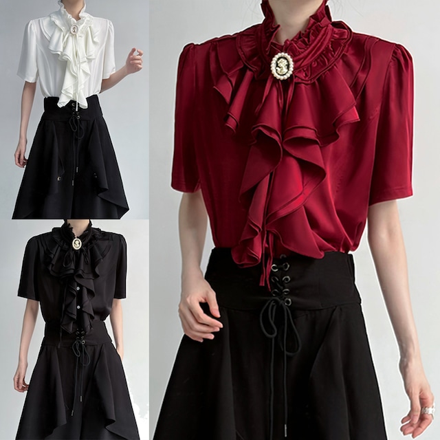 【ROAEシリーズ】★シャツ★ 3color トップス ユニセックス 半袖シャツ 可愛い デザイン性有り 赤 白 黒
