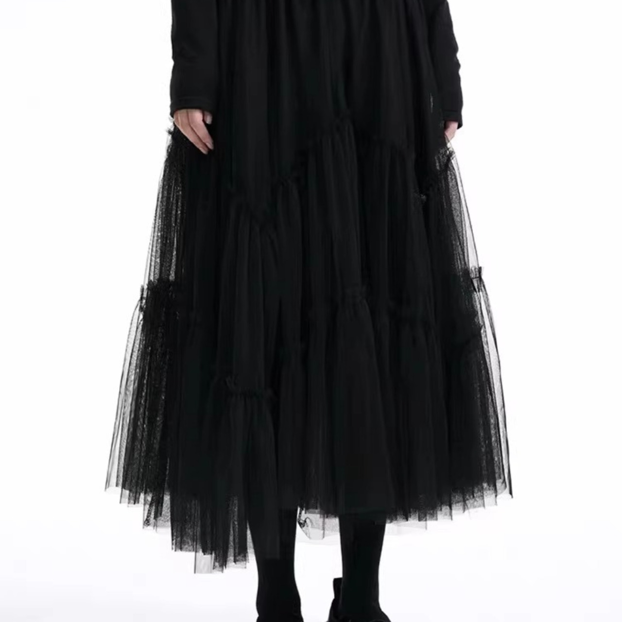 Dark Avant-Garde Black Tulle Multi-Layered Midi Skirt (ME246)