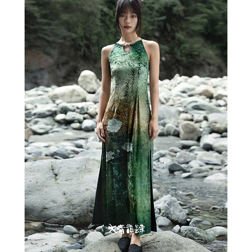 中華ゴシック  ドレス グリーン チャイナドレス スリット 大青龍肆 夏服 20代 30代ファッション