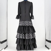 【美品 フラメンコ衣装】ブラック ワンピース ドレス 段々 ボランテ 水玉 ドット 黒 長袖 フリル ダンス用 無地 大きめ 白 ダンス用 発表会 パーティ 民族衣装 民族舞踊 レディース 袖有り 柄 模様