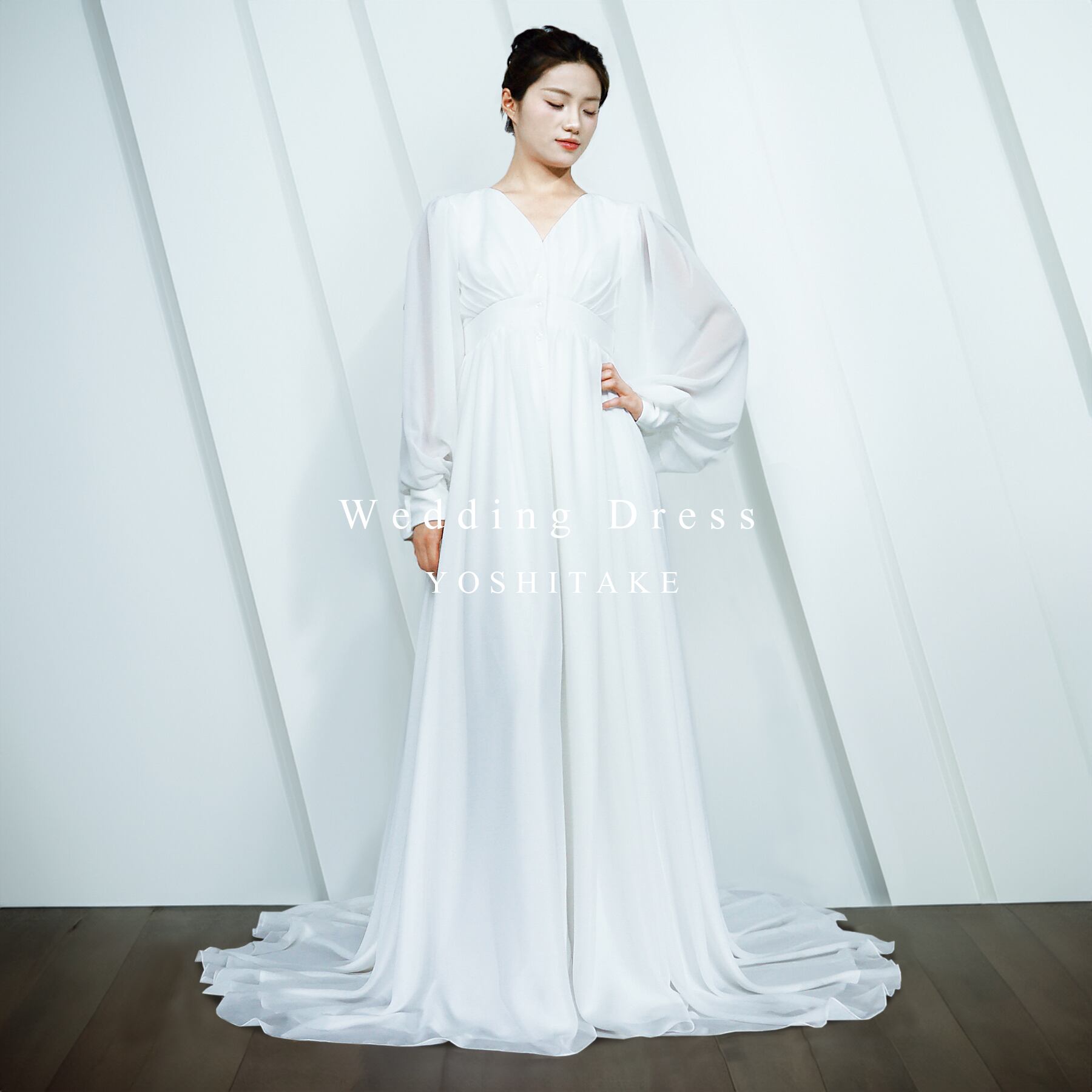 【サンプルドレス】ウエディングドレス ウエディングドレス.白.シフォン.バルーンスリーブ.スレンダードレス.Y2551