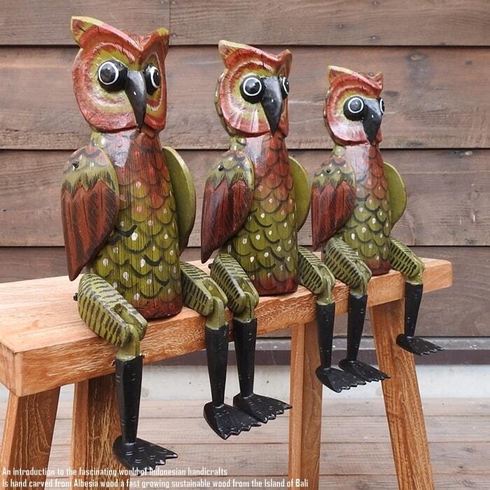 お座り フクロウさん Lサイズ 手足が動かせる木彫りの動物 ウェルカム人形 ふくろう 鳥 木製 ウッド 天然木 木彫りの置物 ハンドメイド 動物インテリア バリ雑貨 アジアン雑貨 動物置物 木製オブジェ エスニック アジアンインテリア バリ島