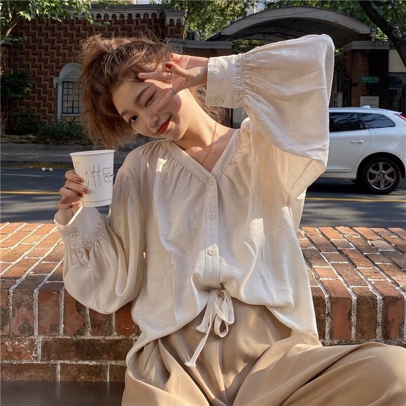 シャツ スプリングオータムルーズカジュアルVネック ロング 春物 秋物 萌量不足18738744077