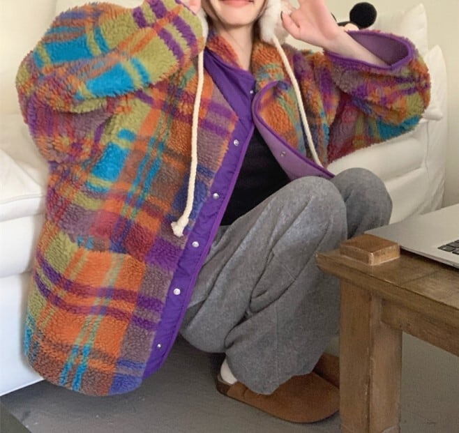 アウター ブルゾン ボア チェック柄 カラフル ミディ丈 カジュアル