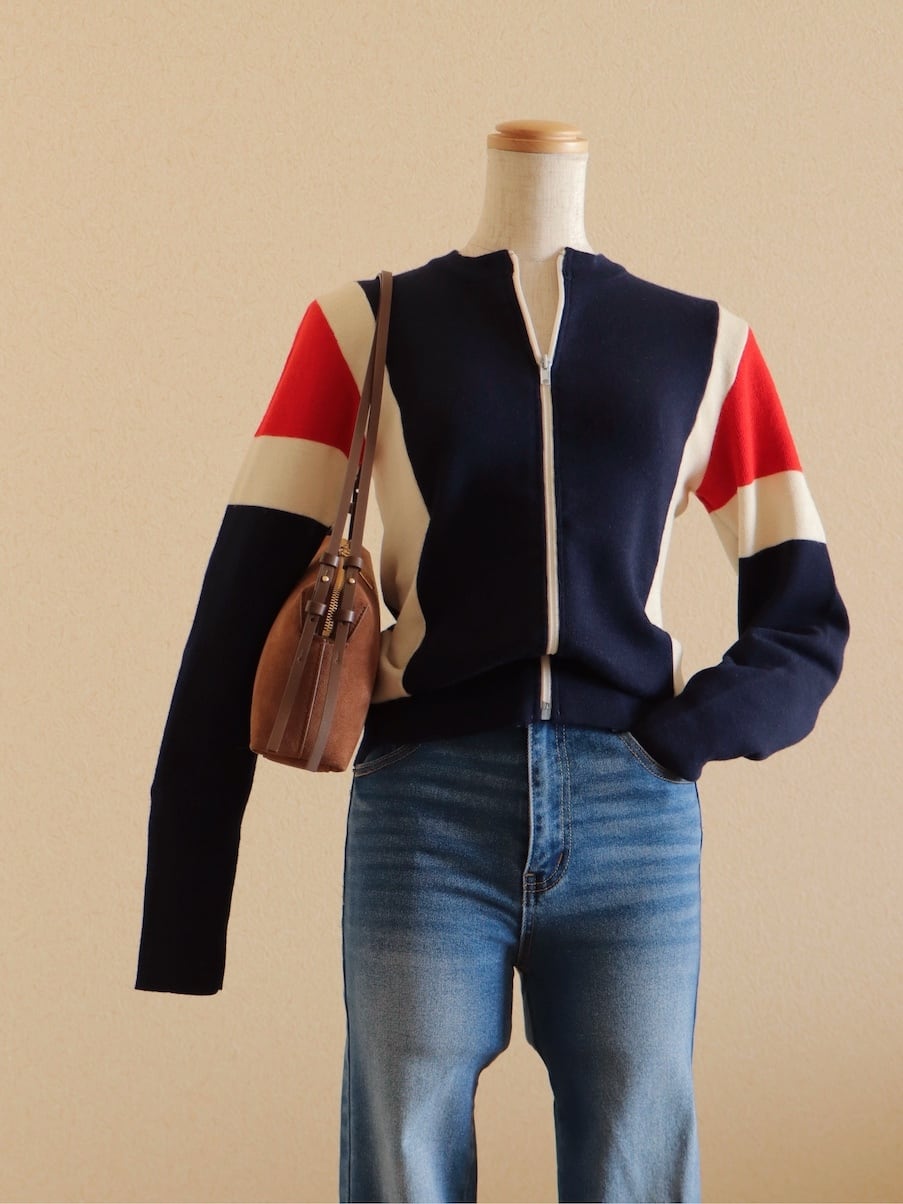 ●Tricolor color wool front zipper knitted cardigan top