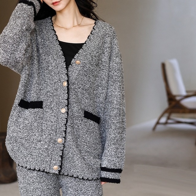 【M-XL】half velvet monotone cardigan style pajamas p1091