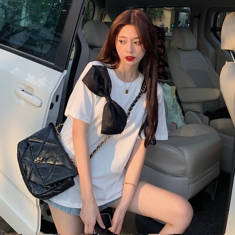 サマーメッシュリボンラウンドネックTシャツ トップス 大人ガーリー スウィート キュート カジュアル 夏物 Oネック ハンチェンe54998840175