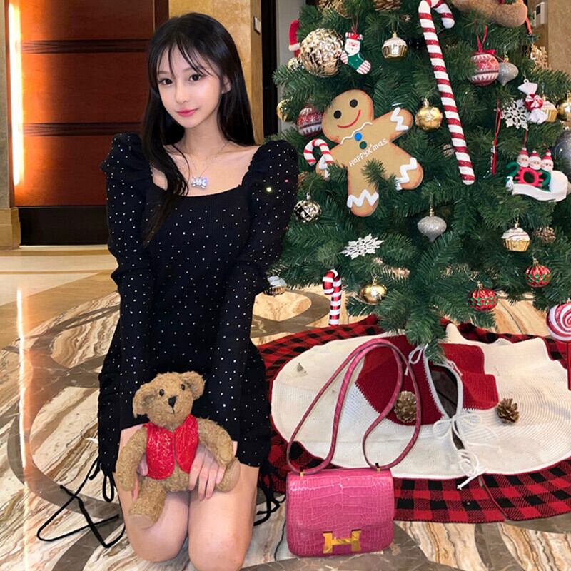 スリーブドレス オータムウィンターギャザースカート 大人ガーリー スウィート キュート カジュアル 秋物 冬物 スクウェア ガールズファッション83690819636