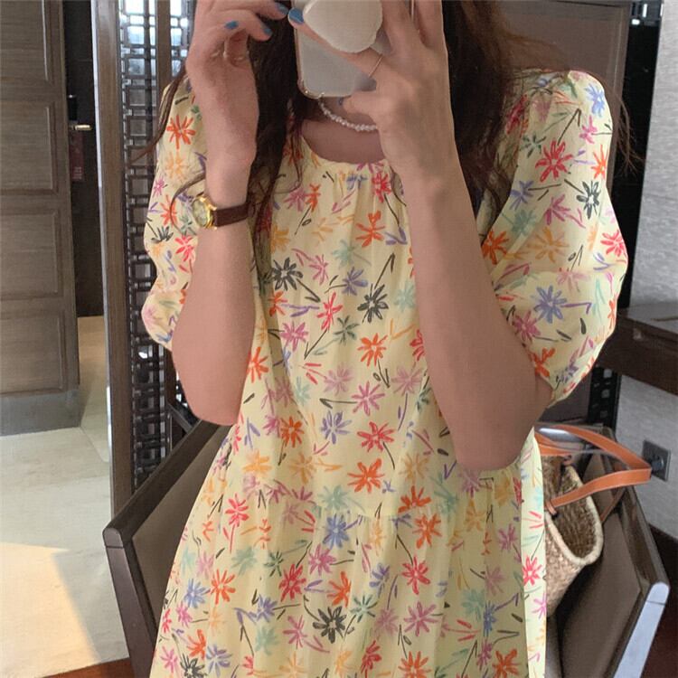 スリーブフローラルドレス サマースタイルルーズ薄手ラウンドネックロングスカート ランタンスリーブ 夏物 花柄 Oネック ビッグFスモールZ韓国71095982769