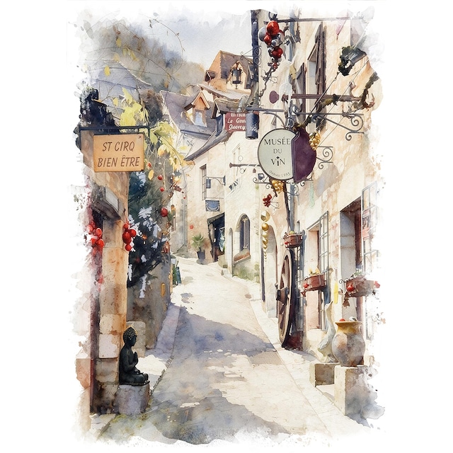 絵画 風景画(街並み) フランス 南西部の村 サン＝シルク＝ラポピーの旧市街　インテリアアート額付き 水彩画・油絵風 WAT2137