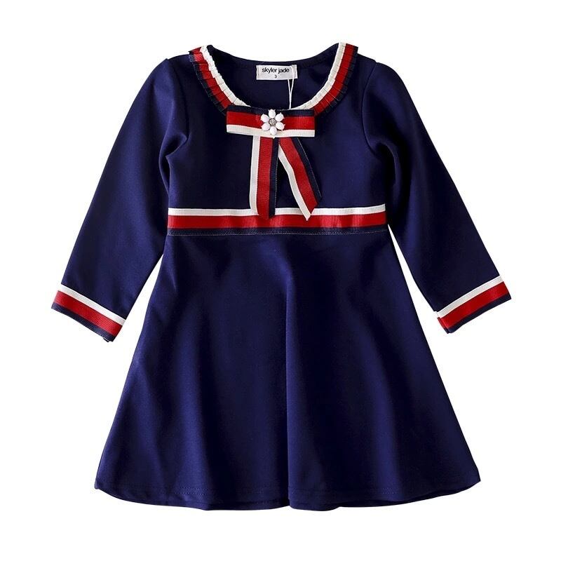 3カラー キッズ 100cm 140cm トリコロール リボン ワンピース パーティー ドレス 長袖 女の子 子供服 姉妹 Anoel