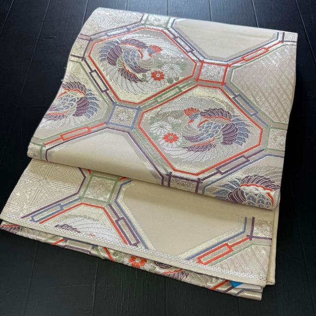 【袋帯】刺繍 金 六通柄袋帯 色無地 訪問着 付け下げ 中古 礼装 正絹 仕立て上がり リメイク リサイクル 4252