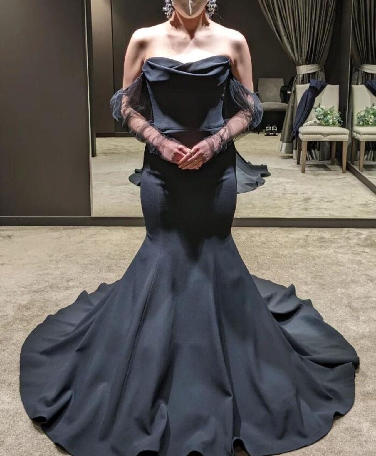 パーティードレス ブラック シースルー袖 マット生地 ベアトップ  