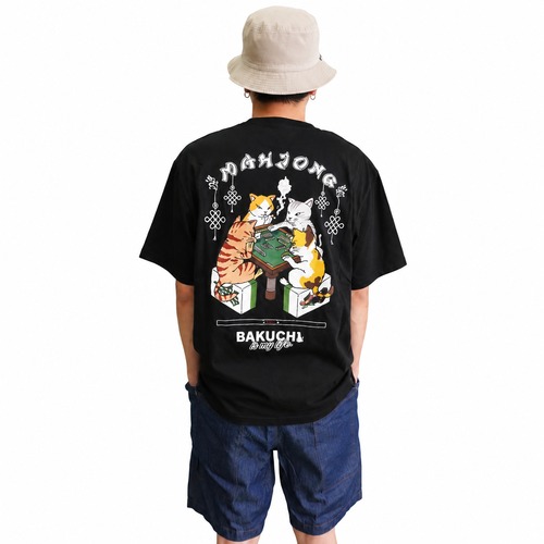 BAKUCHI バクチ 麻雀 雀猫 バックプリント 半袖 Tシャツ メンズ コットン 刺繍ロゴ グラフィック ストリート 826533 春夏 BLACK