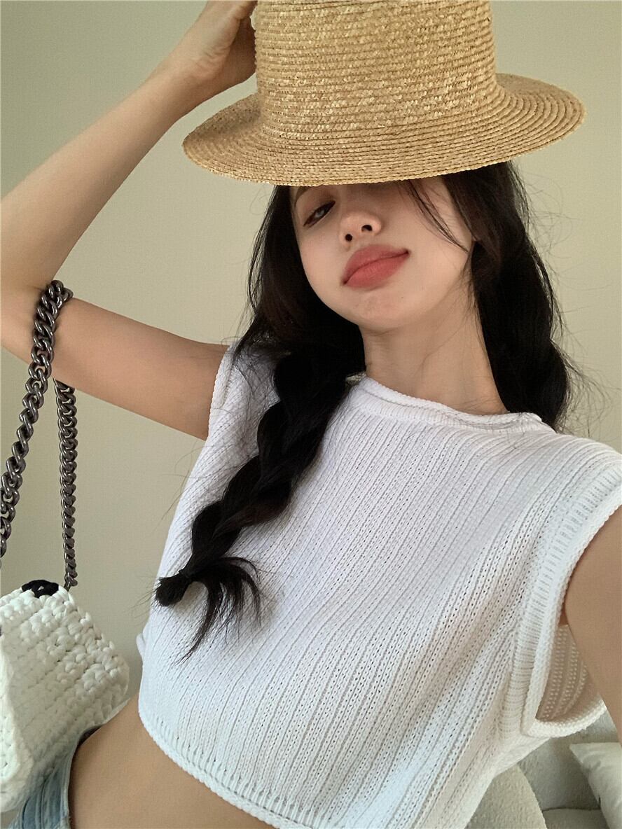 ニットノースリーブTシャツ シャツ レディースサマーホワイトカジュアルショートハイウェスト 夏物 ブラックストロベリース81885992165