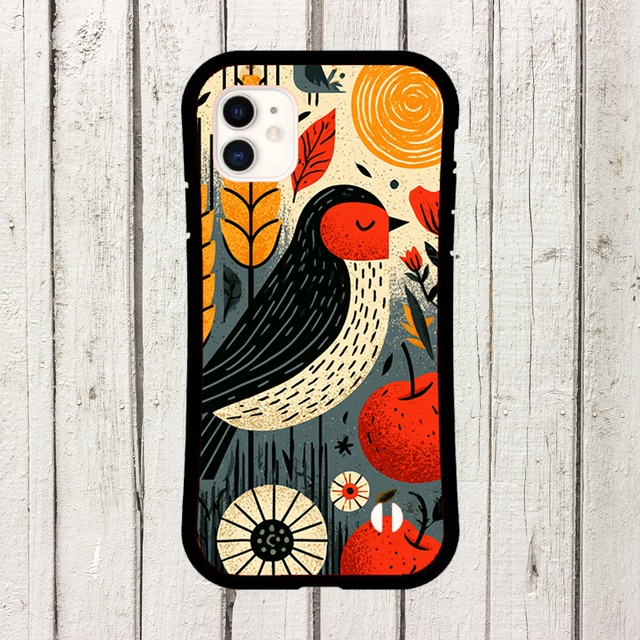 受注生産 iPhoneケース 黒い鳥と赤い花の民芸柄｜鳥モチーフ FMSY054C