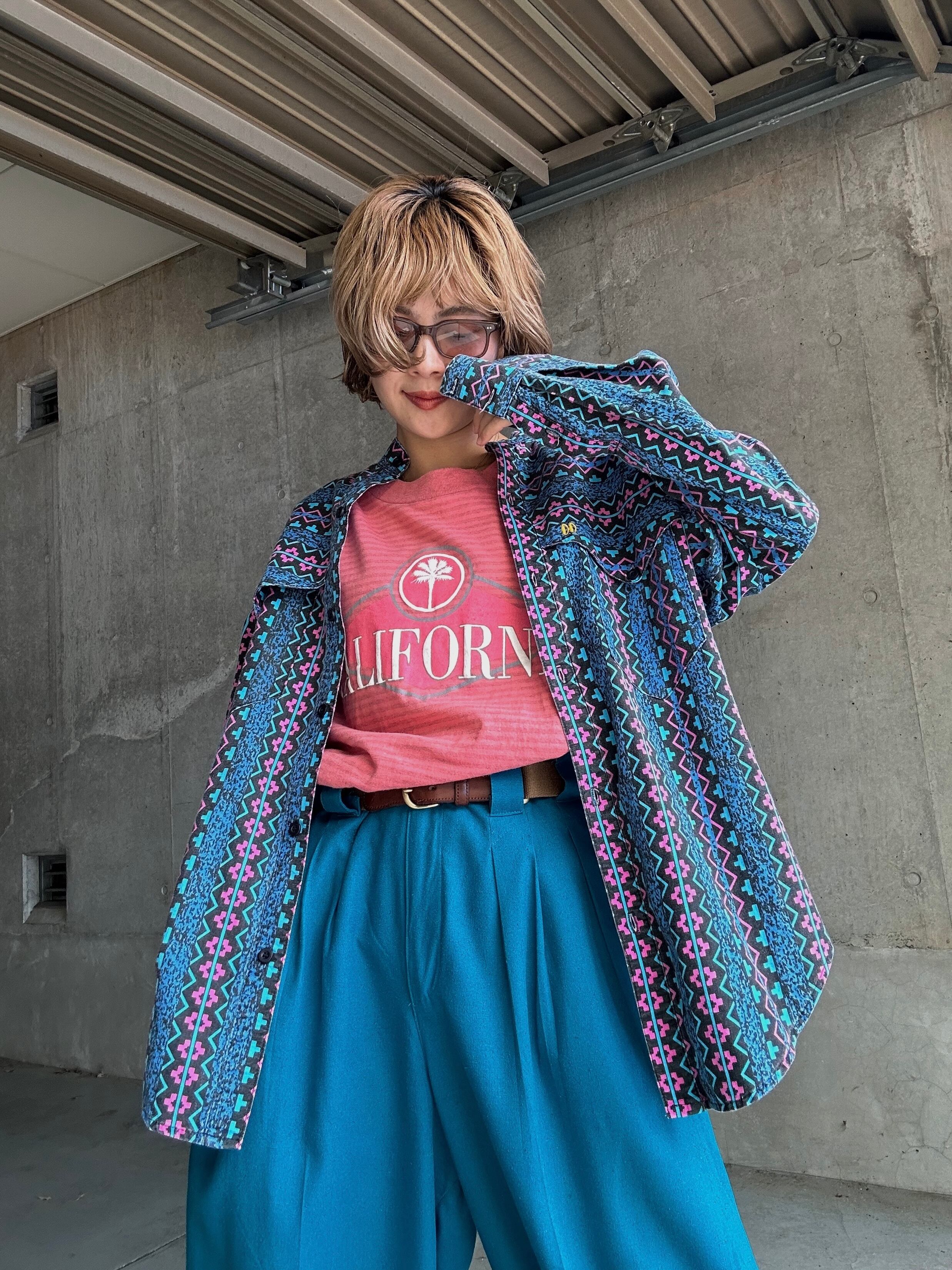 (SH1127)80’s all-over pattern stand collar shirt made in USA