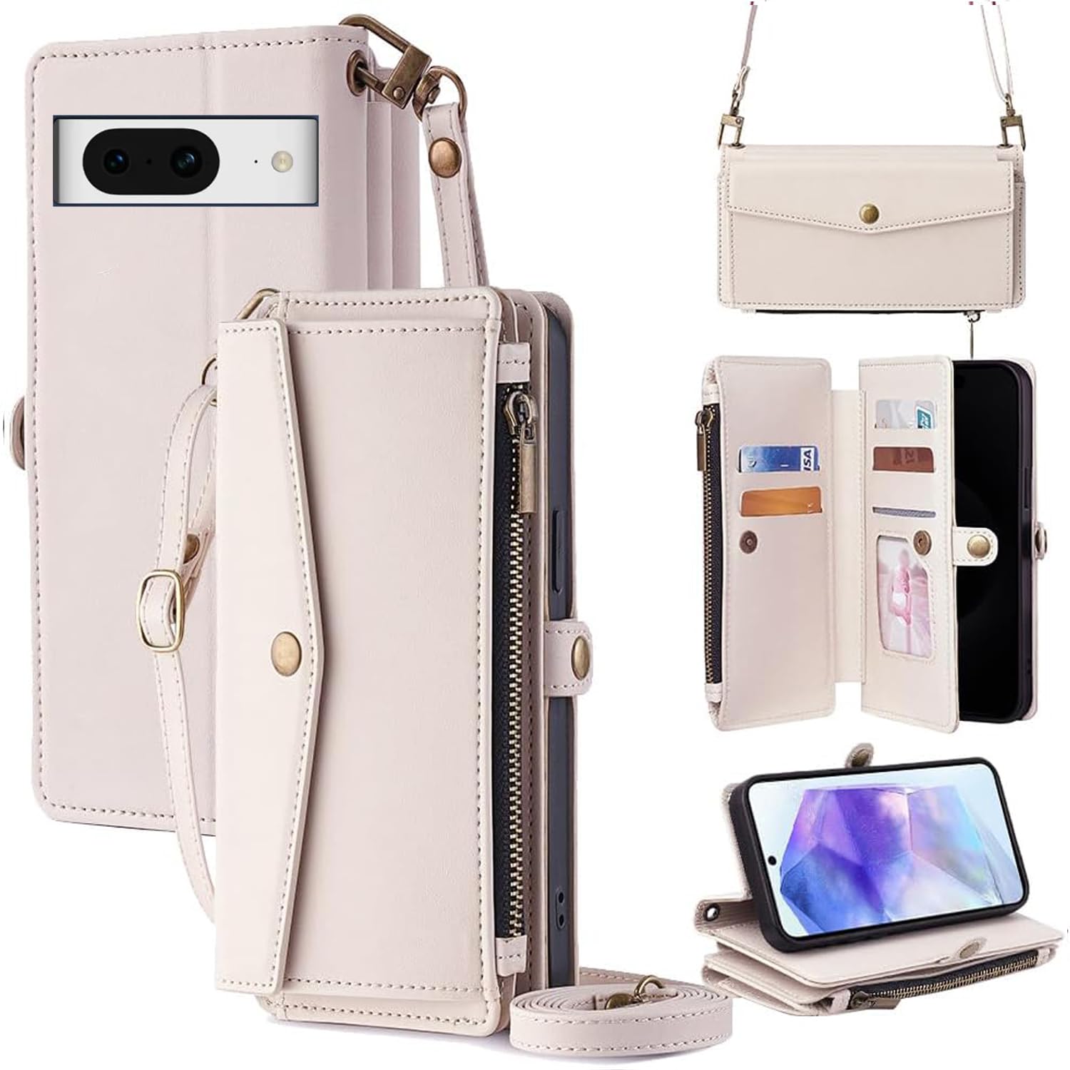 For Google Pixel 8A ケース 財布型 For グーグル ピクセル 8A 手帳型 ショルダー ストラップ長+短2本 5枚カード収納 1枚の写真収納スタンド機能 1枚の現金収納 1つのジッパーポケット 防落・防コケ・防ひび PUレザー プレゼント COCOCLOUD オフホワイト