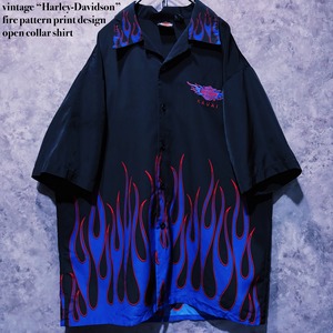 【doppio】vintage “Harley-Davidson” fire pattern print design open collar shirt