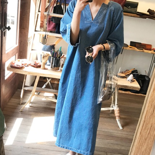 ワンピース レディース 大きいサイズ デニムワンピース 夏 コットン ロング丈 Vネック カジュアル ブルー 無地 七分袖 ルーズウエスト 10代 20代 大人可愛い デート 女子会