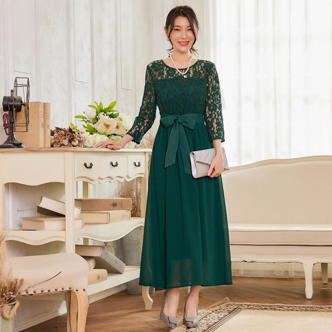 グレー レース 長袖ワンピース 新品タグ付き（パーティードレス 結婚式  
