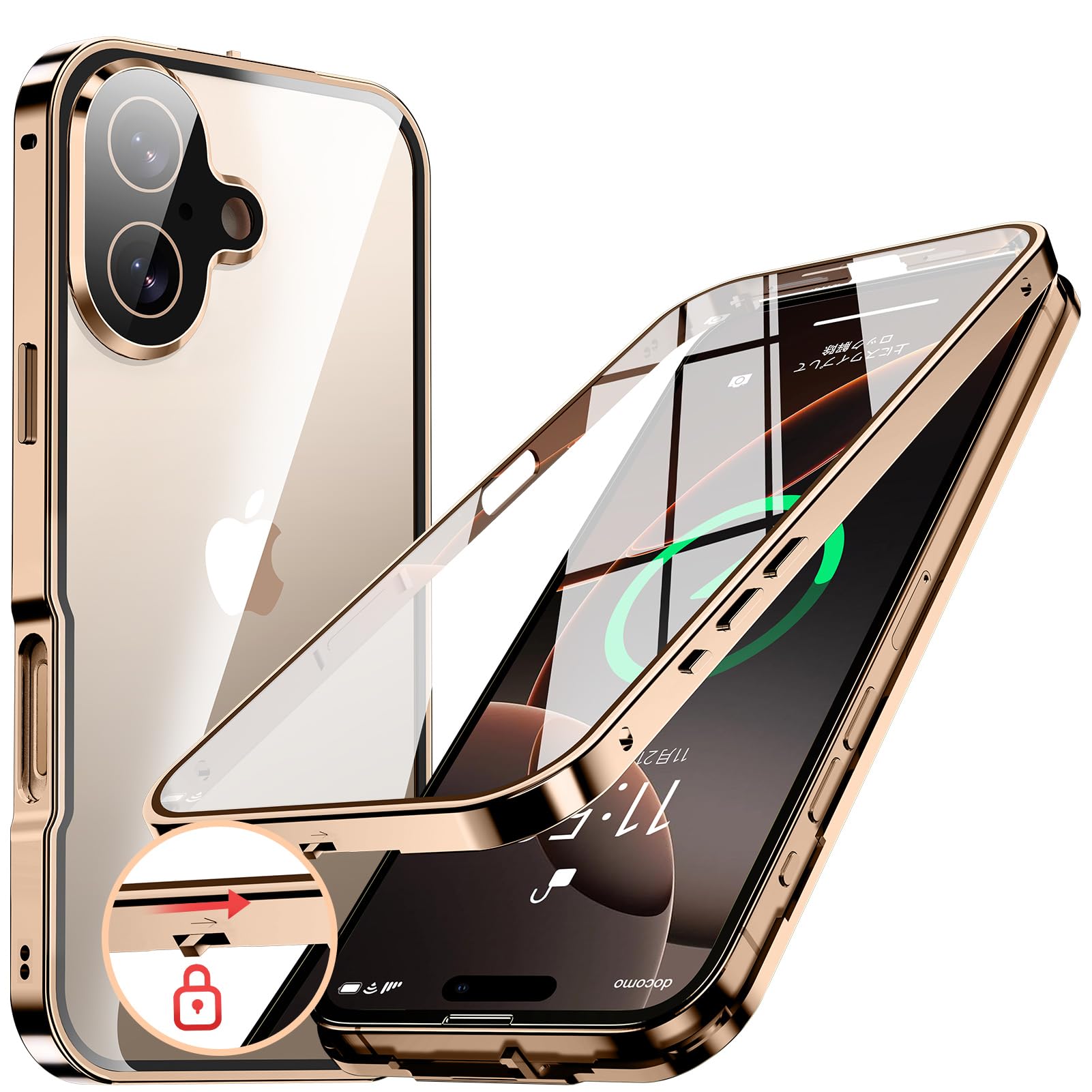 NIANGUO【ロック機能付き・自動ポップアップボタン】iPhone16 用 ケース 両面強化ガラス 一体型レンズ保護 (デザートチタニウム)