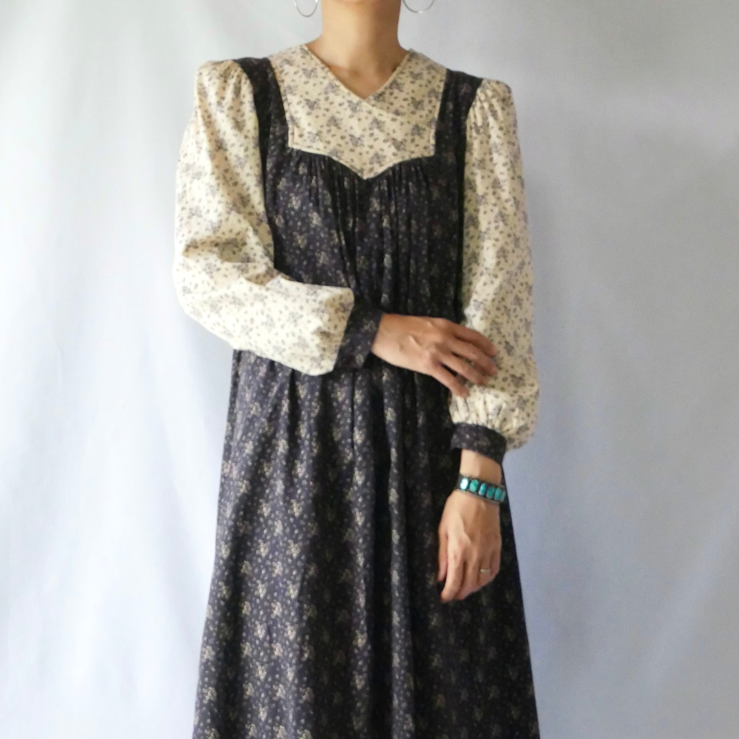 70s vintage carol george floral cotton onepiece 70年代