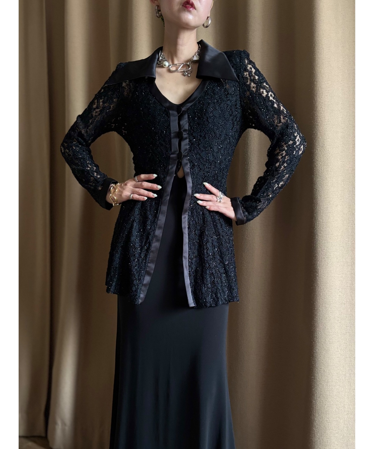 2way collar black lace shirt-4802-7