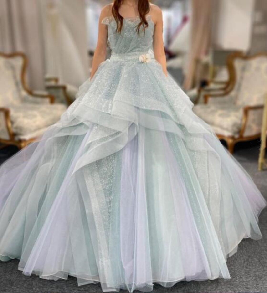 カラードレス キラキラグリッターチュール プリンセスライン 薄青 ベア  