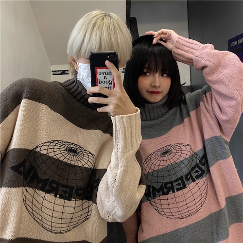 オータムウィンタープリントセーター ジャケット ルーズニットトップス レディース 秋物 冬物 Brother_is_Style68158416838