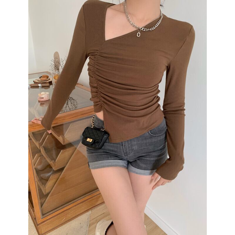 プリーツTシャツ オータム薄手トップス ロング 秋物 ピュア ガールズファッション9108465938