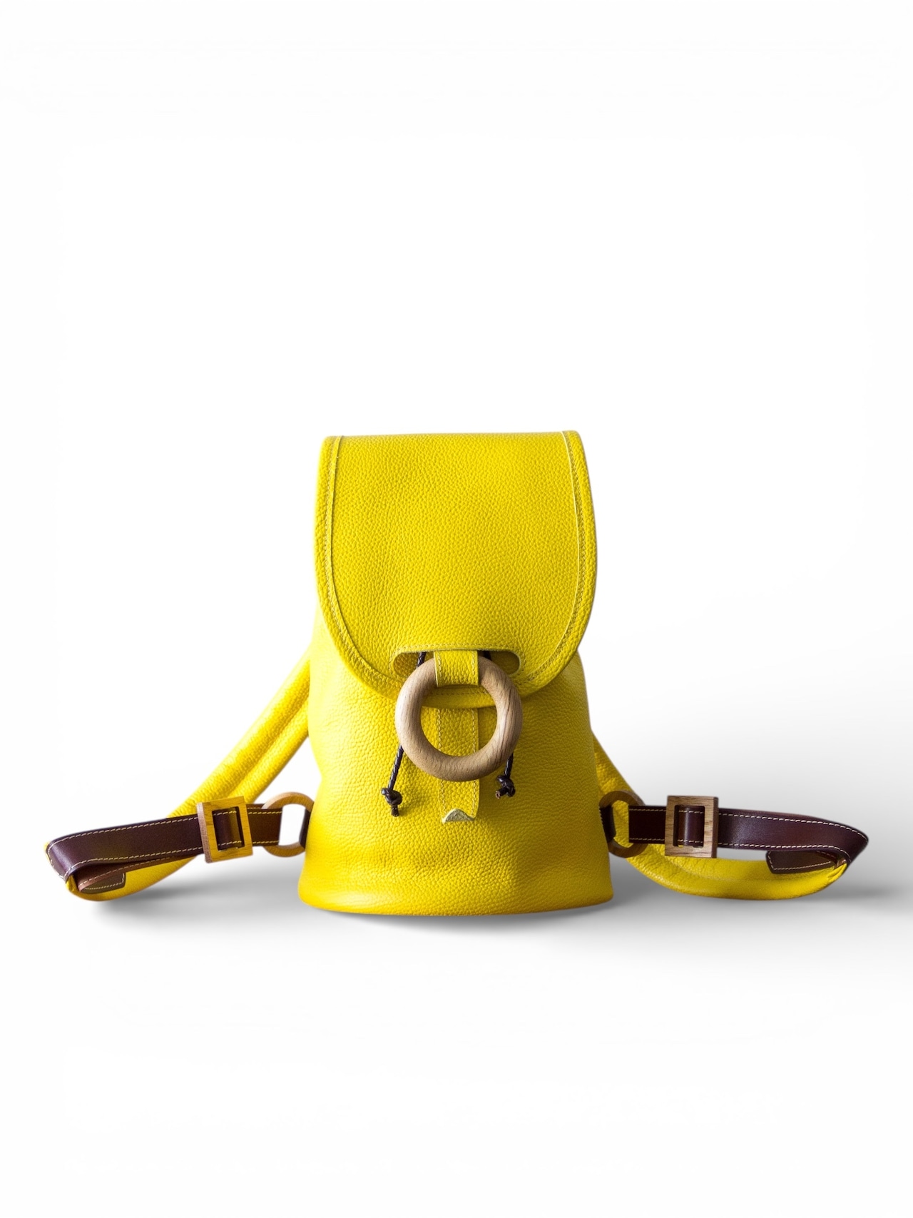 【展示品セール40%OFF|1点限り】WAKKO -わっこ- レザーミニリュック S(イエロー)|旭川木工リング留め具/2WAY