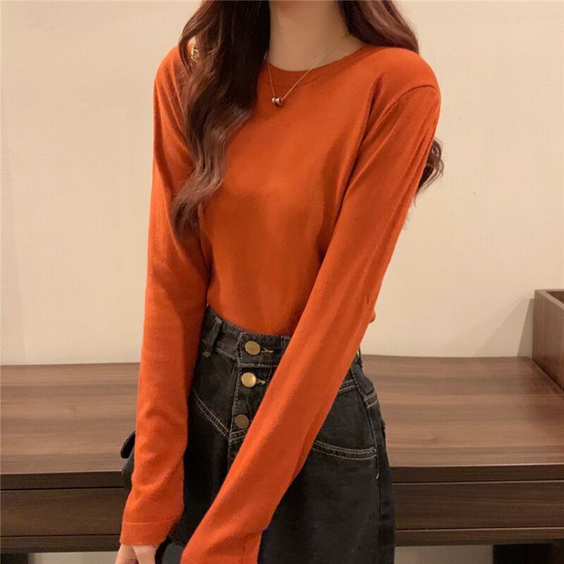 オータムスリムラウンドネックプルオーバー ニットシャツ カジュアルトップス Tシャツ レディース ロング 秋物 Oネック ドラファッションホール14257117657