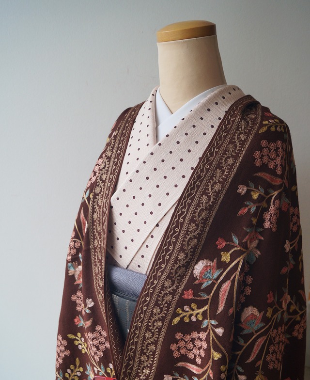 【ストール】カシミール刺繍　栗皮茶色×パステル色　251127C