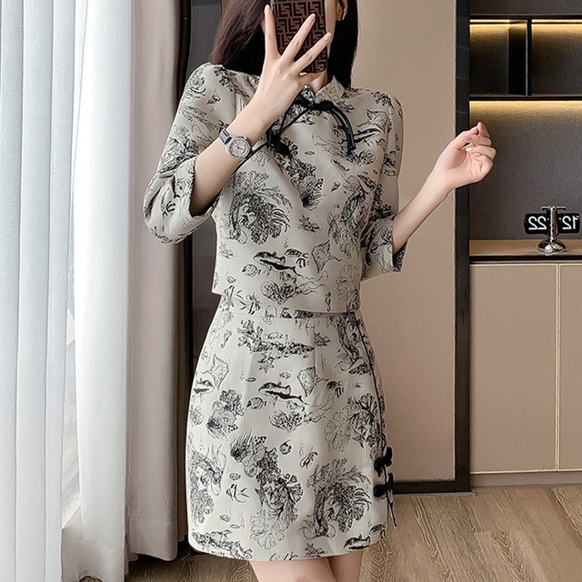 【森森家シリーズ】セットアップ チャイナ風 花柄 OL/通勤 トップス+スカート 大きいサイズ グレーS M L XL 2XL